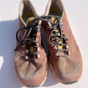 On Running Athletic Shoes in Brown and Yellow